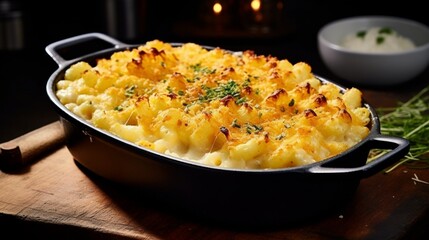 A generous serving of creamy macaroni and cheese, baked to golden perfection.