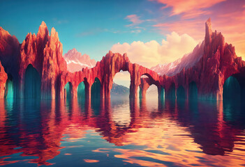 3d render. Abstract surreal seascape background with rocky mountains and mirror arches.Generative Ai