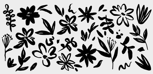 Modern abstract floral vector set. Collage contemporary set of elements. Hand drawn cartoon style flowers. Minimalism - 686224150