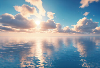 3d rendering of simple seascape with calm water and white clouds in the blue sky. Generative Ai