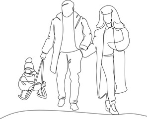 Happy family with a child on a sleigh, black linear sketch isolated on a white background. Vector illustration