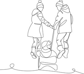 Happy family with a child on a sleigh, black linear sketch isolated on a white background. Vector illustration