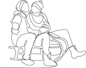 Happy family with a child on a sleigh, black linear sketch isolated on a white background. Vector illustration