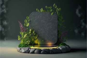 Black Stone podium,colorful nature ,cosmetic display product stand on black 3D background