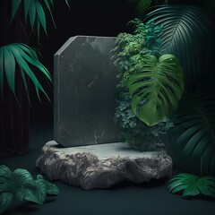Black Stone podium,green nature ,cosmetic product stand on black 3D background