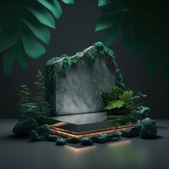 Stone podium,green nature ,display, product stand on black background