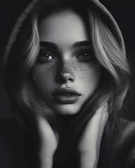 A beautiful woman Realistic Digital Painting. black and white
