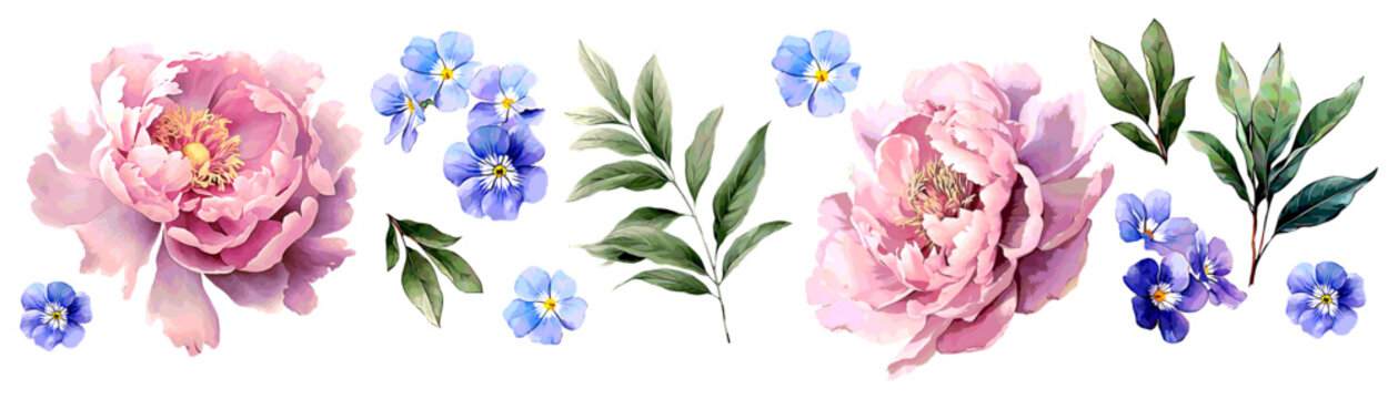 Modern watercolor floral vector set. Collage contemporary set of elements. Hand drawn realistic peony flowers.