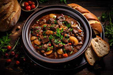 Boeuf bourguignon on wooden table . Traditional French cuisine - 686225549