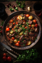 Boeuf bourguignon on wooden table . Traditional French cuisine - 686225776