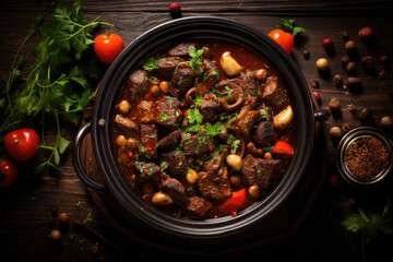 Boeuf bourguignon on wooden table . Traditional French cuisine - 686225793