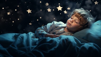 Generative AI image of a tiny boy sleeping in bed under the stars, in the style of cinematic lighting, joyful and optimistic