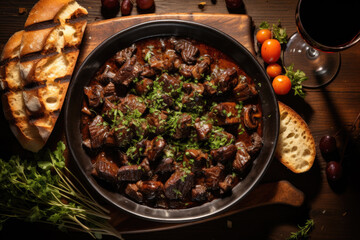 Boeuf bourguignon on wooden table . Traditional French cuisine - 686226124