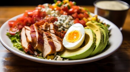 A macro shot of a classic Cobb salad with grilled chicken, bacon, and avocado.