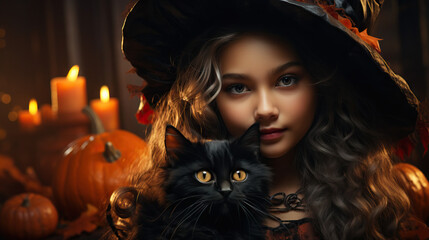 A photo of young girl dressed as witch with black cat on Halloween night. Concept of Trick-or-Treating Fun, Halloween Costume Party, Spooky Season Celebration.