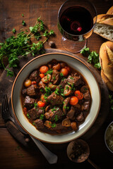 Boeuf bourguignon on wooden table . Traditional French cuisine - 686226367