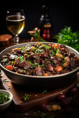 Boeuf bourguignon on wooden table . Traditional French cuisine - 686226391