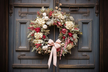 Fototapeta na wymiar Vintage Christmas wreath with weathered wooden accents, dried flowers, and delicate ribbons, rustic front door background