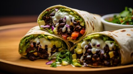 A macro shot of a loaded avocado and black bean burrito, drizzled with cilantro lime sauce.