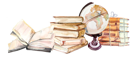 Vintage books stacks and globe. Watercolor hand painted school concept illustration. Book lover design. Education themed clipart.