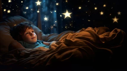 Foto op Canvas Generative AI image of a boy lays under a sleeping star in his bed sleeping © Eitan Baron