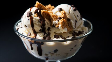 A macro shot of a loaded chocolate chip cookie ice cream sundae.