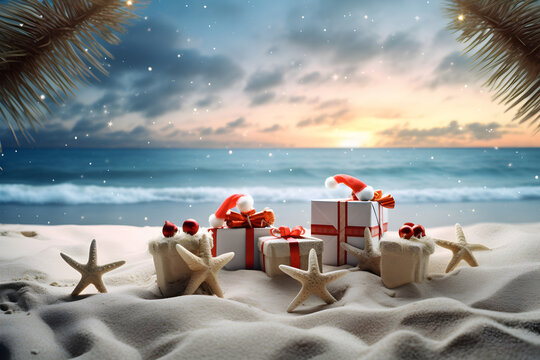 Christmas beach background, concept of tropical new year celebration