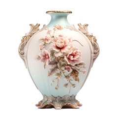 Antique porcelain vase with painted flowers isolated on transparent background