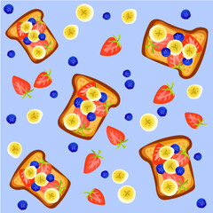seamless pattern with breakfast, berry, banana, strawberry, sandwich blueberry 