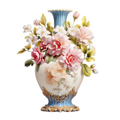 Antique porcelain vase with painted flowers isolated on transparent background