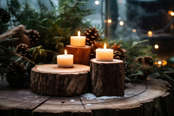 Obraz na płótnie Canvas Wooden christmas winter seasonal decorative holiday red candle background festive celebration