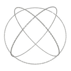Crafted in 3D, this illustration simulates the structure of an atom with three circular chains entwined, isolated on a transparent PNG background.