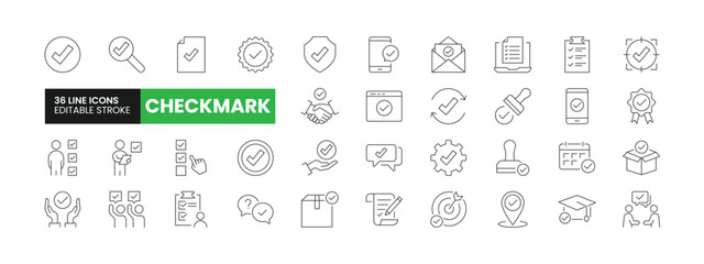 Set of 36 Checkmark line icons set. Checkmark outline icons with editable stroke collection. Includes Approval, Survey, Goal, Education, Message, and More.