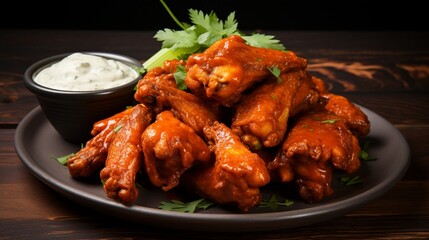 A mouthwatering pile of buffalo wings, coated in a spicy sauce and served with ranch dressing.