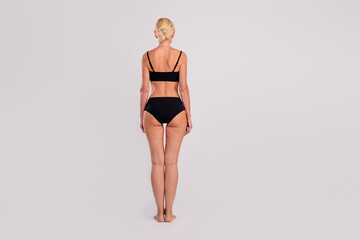 Back behind photo full body cadre of height slim fit preparing summer season black underwear peachy...