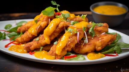 A plate of crispy coconut curry chicken tenders with mango chutney.
