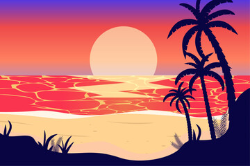 gradient beach sunset background with palm trees