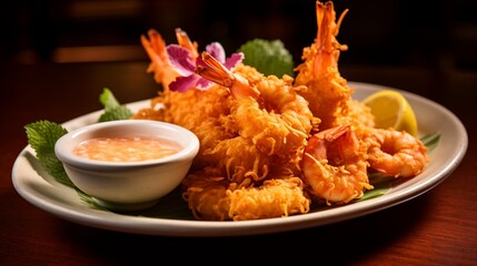 A plate of crispy coconut shrimp served with a tangy dipping sauce.