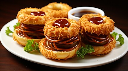 Obraz na płótnie Canvas A plate of crispy onion ring sliders with barbecue sauce.