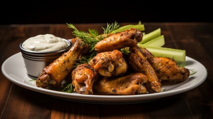 A plate of garlic chicken wings served with a side of ranch dressing.