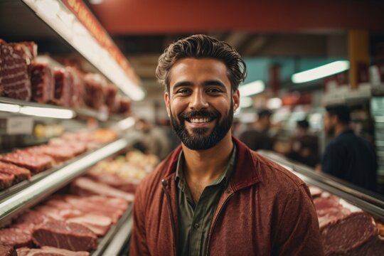 Young smiling bearded handsome man standing at the meat counter.