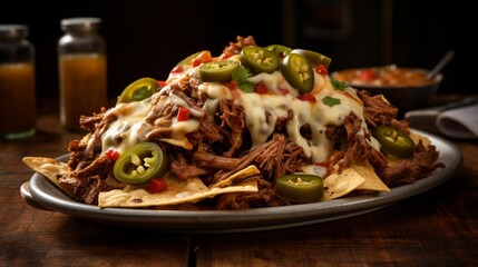 A plate of loaded pulled pork nachos with queso and jalape?+/-os.