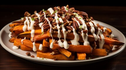 A plate of loaded sweet potato fries topped with marshmallow drizzle and pecans.