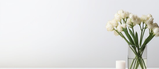 Minimal and elegant space with white background glass vase holding small fresh white garlic flowers on glossy white table with blank black frame mockup - obrazy, fototapety, plakaty
