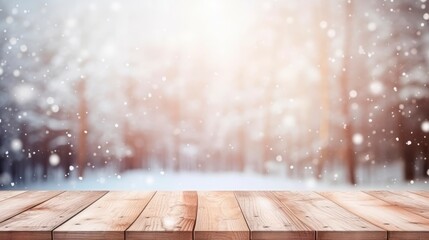 Naklejka na ściany i meble Empty wooden brown table in beautiful blurred winter landscape, wood plank board with snowflakes and fog. horizontal background or wallpaper, copy space 