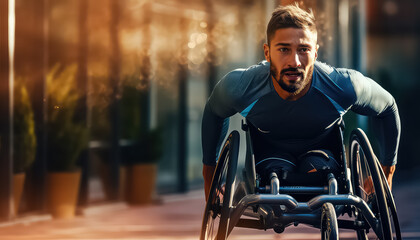 A man in a wheelchair participates in a marathon - obrazy, fototapety, plakaty