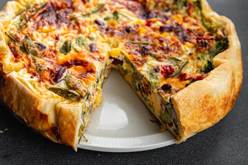 quiche vegetable open pie savory baked goods puff pastry, corn, green peas, beans, green beans,...