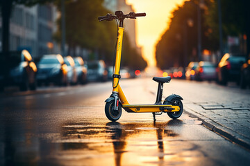 Modern electric scooter in the city at sunset. Eco transport concept