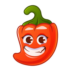 Smiling cartoon red pepper character on a white background.