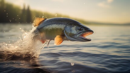 A powerful salmon leaps energetically from the sparkling river, showcasing its strength and agility against a backdrop of cascading water, symbolizing the vitality of nature and the thrill of fishing.